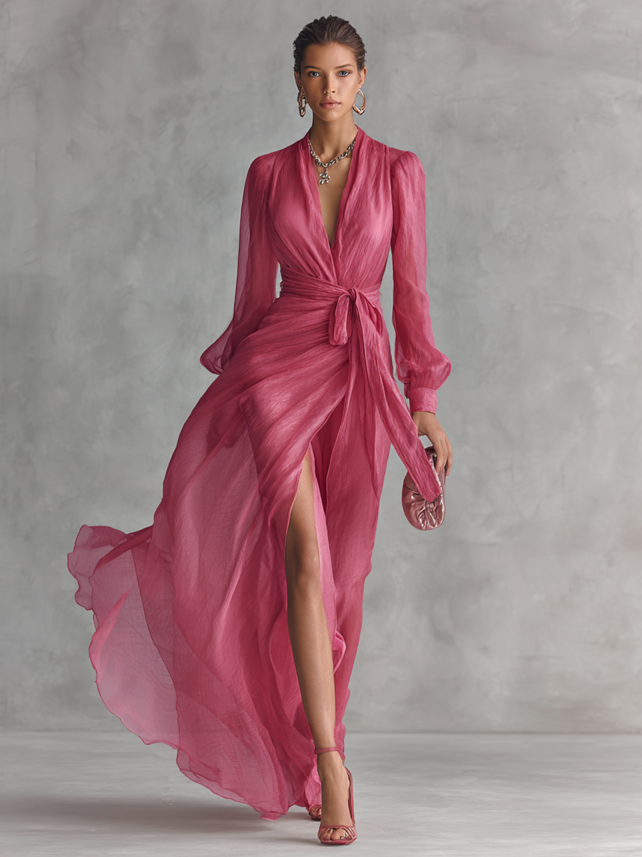 Mia | Pink Chiffon Maxi Dress V-Neck