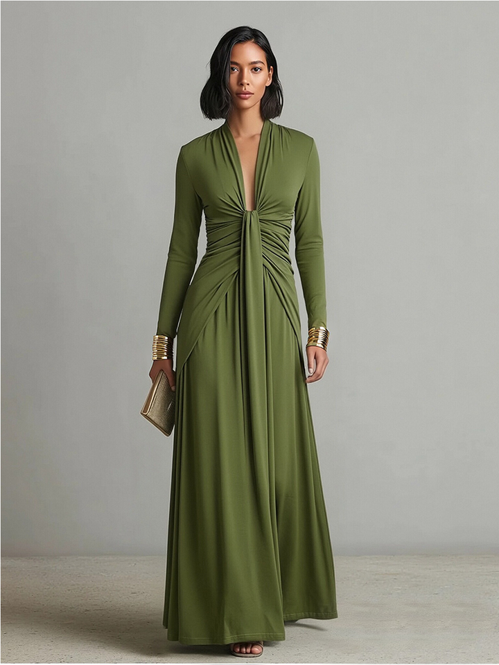Sofia | Olive Silk Maxi Dress Deep V-Neck