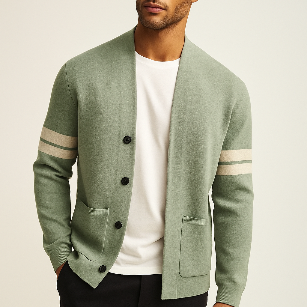 Men’s Striped-Sleeve Button-Up Cardigan