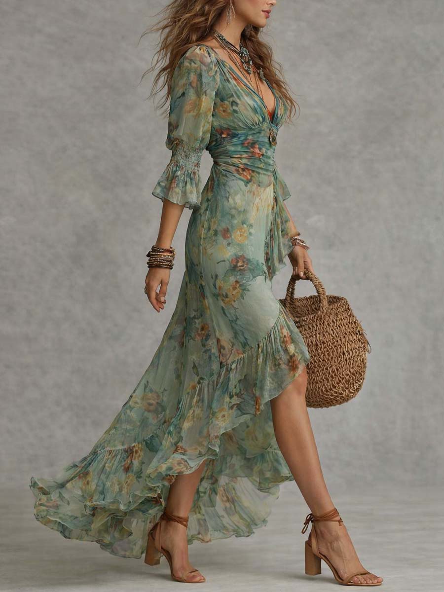 Aurora | Floral Maxi Dress with Romantic Asymmetrical Hem