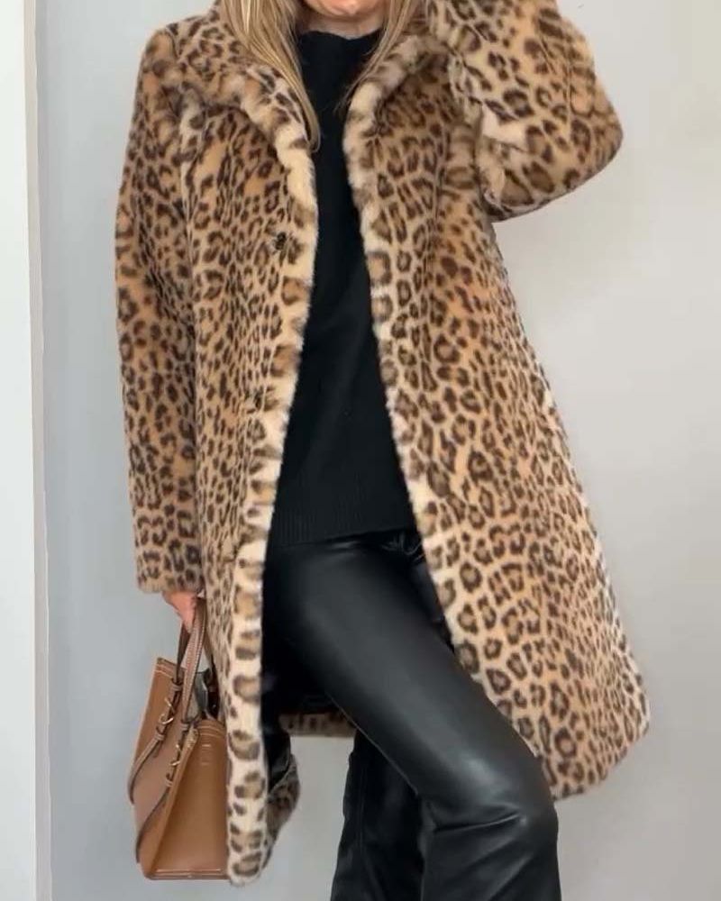 Women’s Longline Faux-Fur Leopard Print Coat