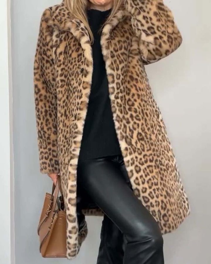 Women’s Longline Faux-Fur Leopard Print Coat