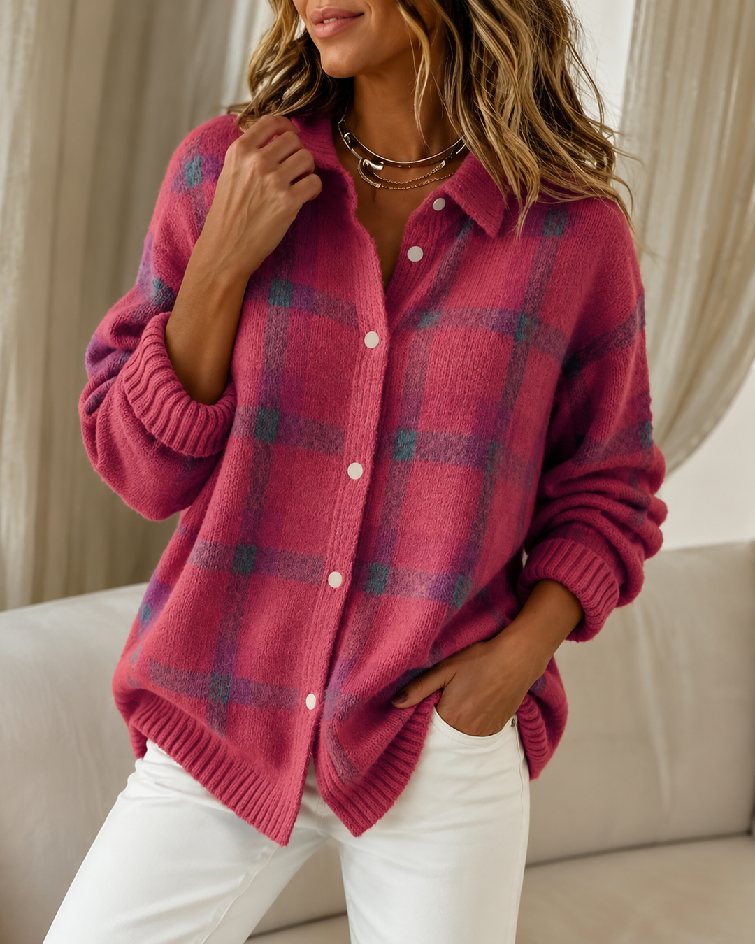 Women’s Checked Button-Up Knitted Cardigan