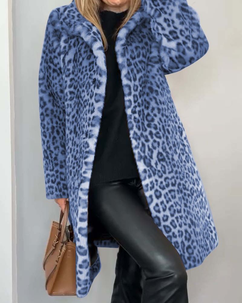 Women’s Longline Faux-Fur Leopard Print Coat
