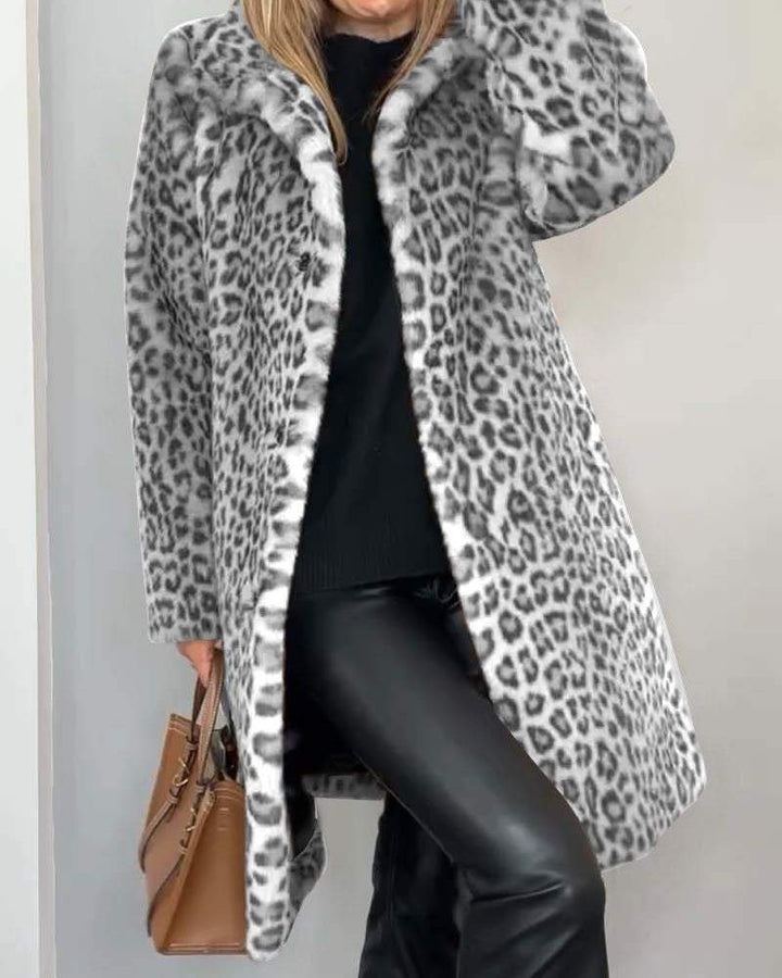 Women’s Longline Faux-Fur Leopard Print Coat