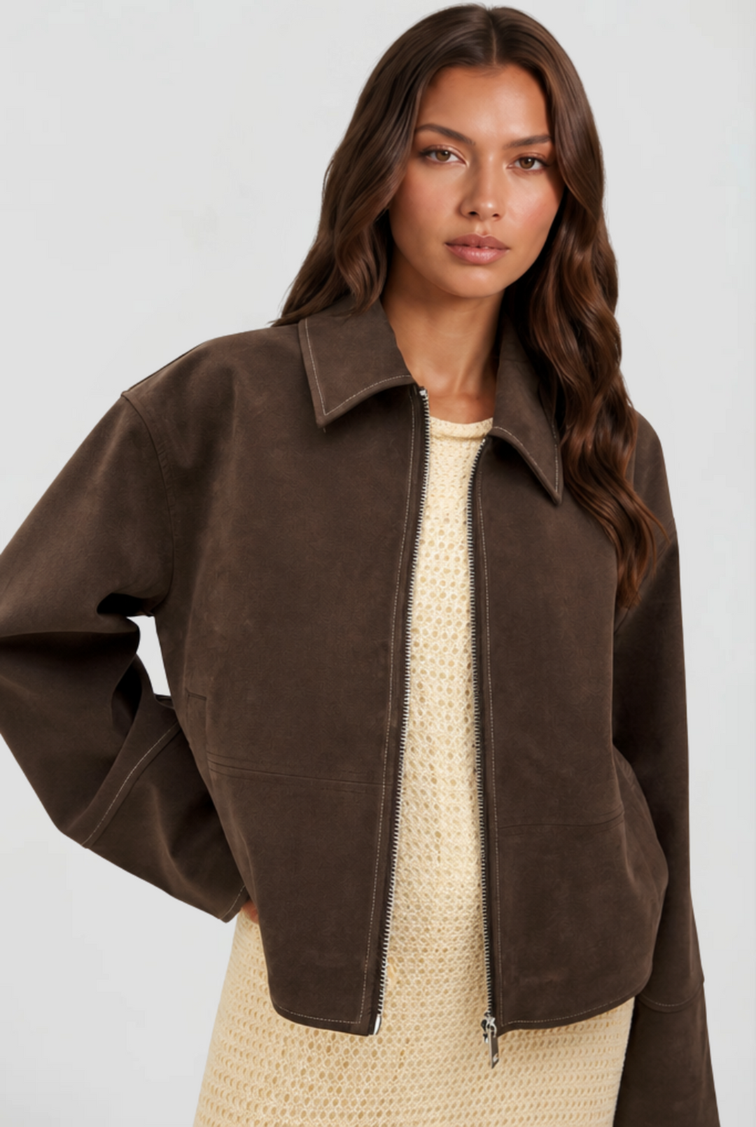 Womens Cropped Suede Zip Jacket