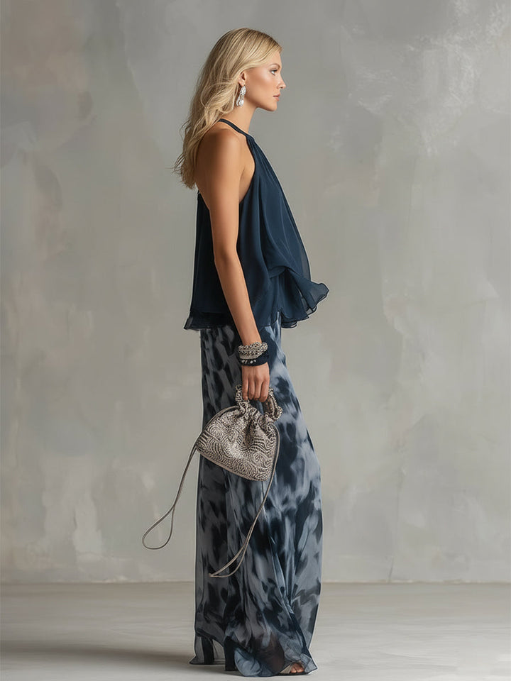 Ludovica | Elegant Set with High-Neck Top and Wide-Leg Printed Trousers