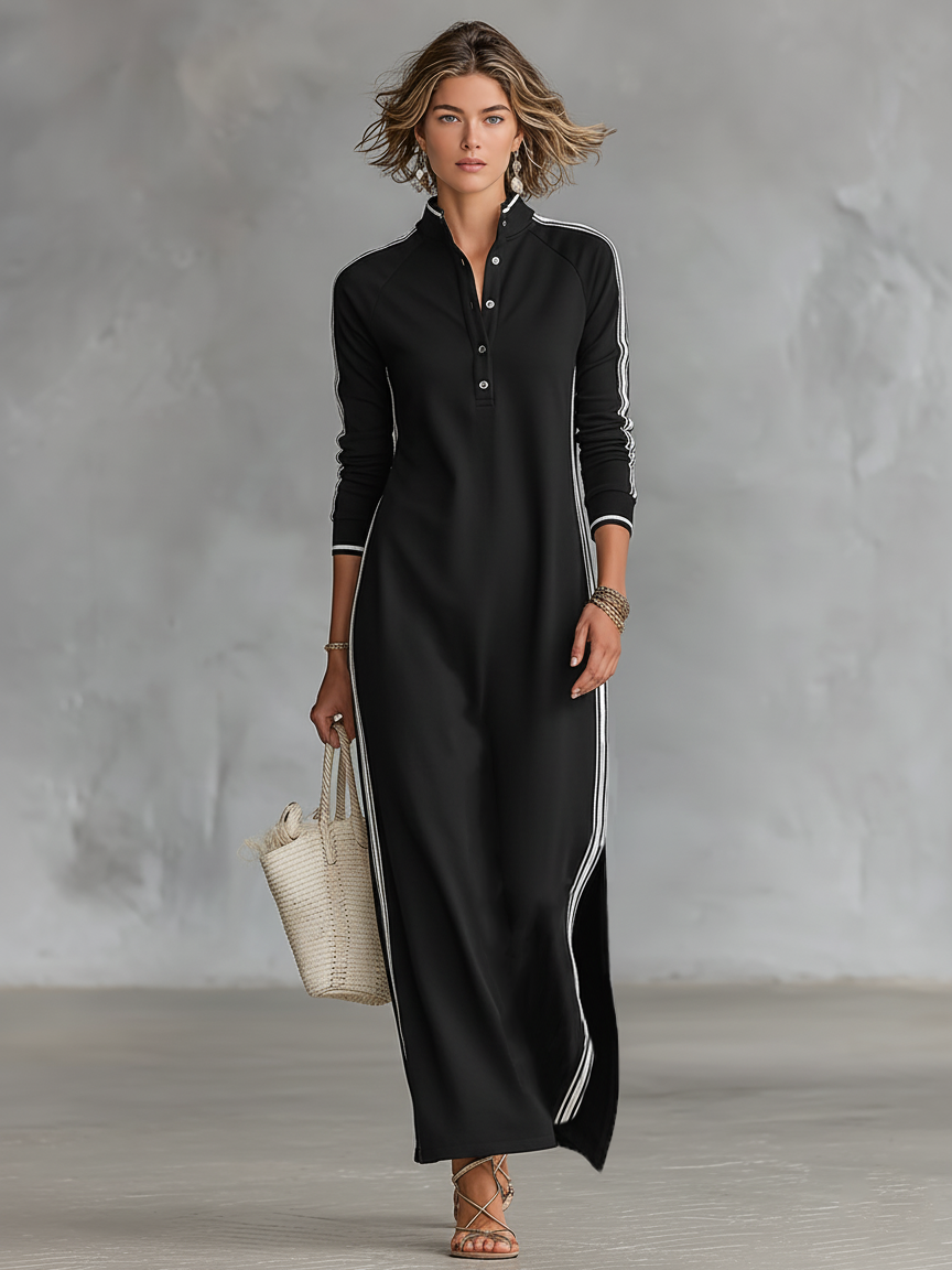 Laura | Sweat Maxi Dress Button Collar White Hem