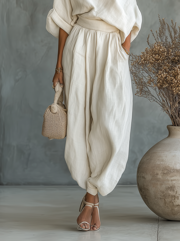 Ella | White Linen Off-Shoulder Set Pants