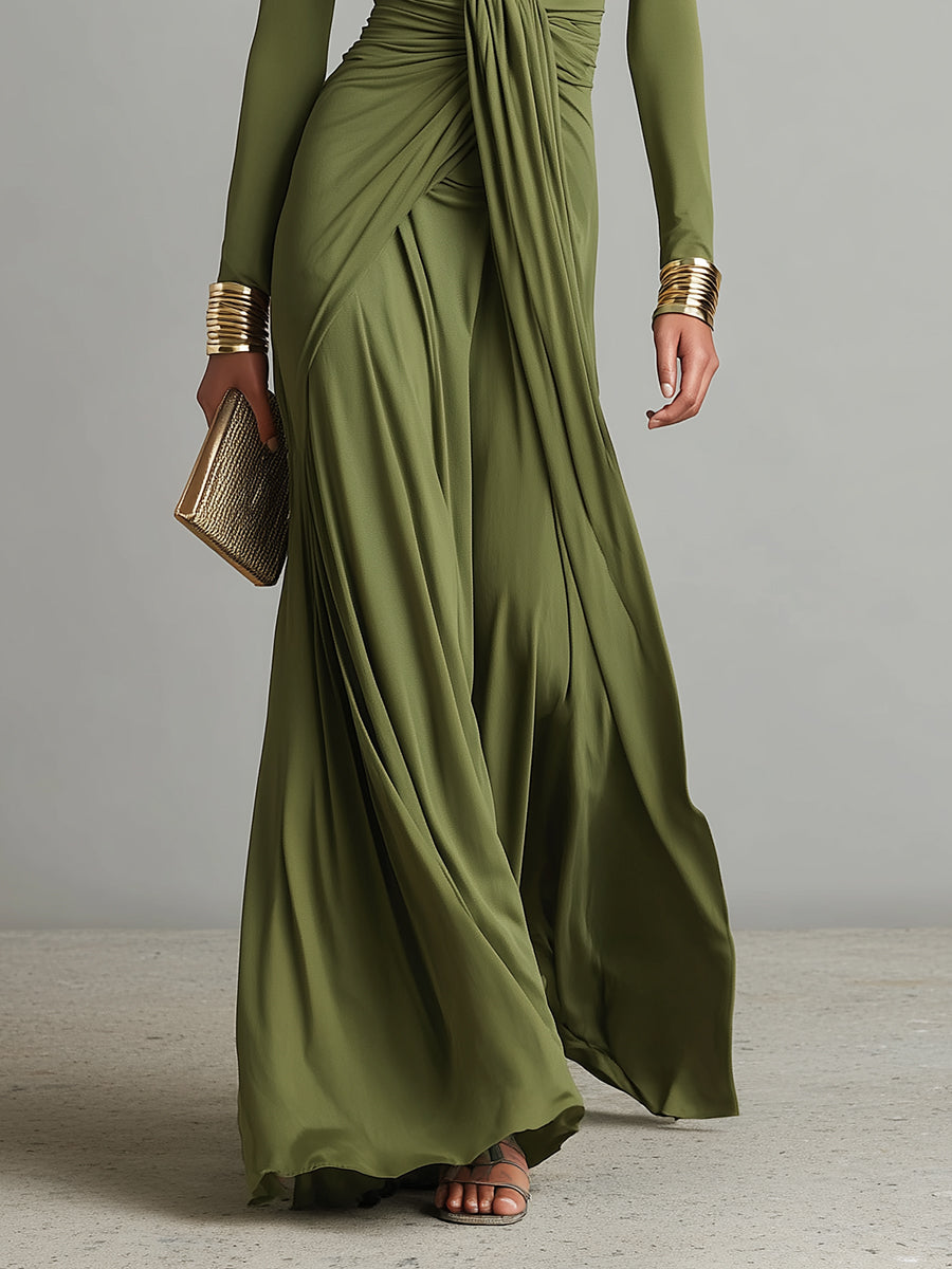 Sofia | Olive Silk Maxi Dress Deep V-Neck