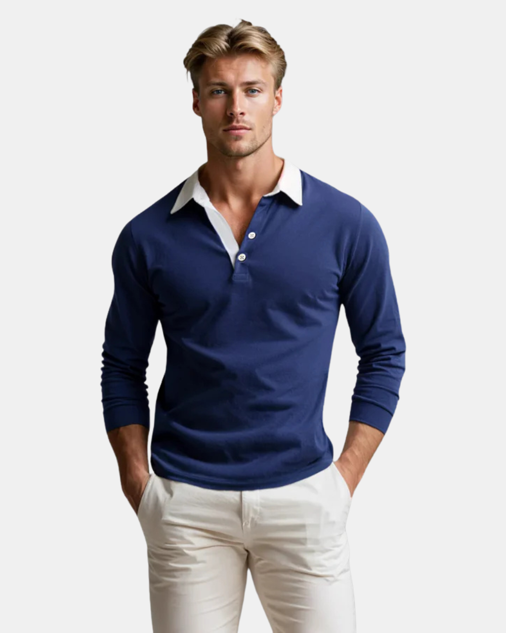 Men’s Long-Sleeve Polo Shirt with Contrast Collar