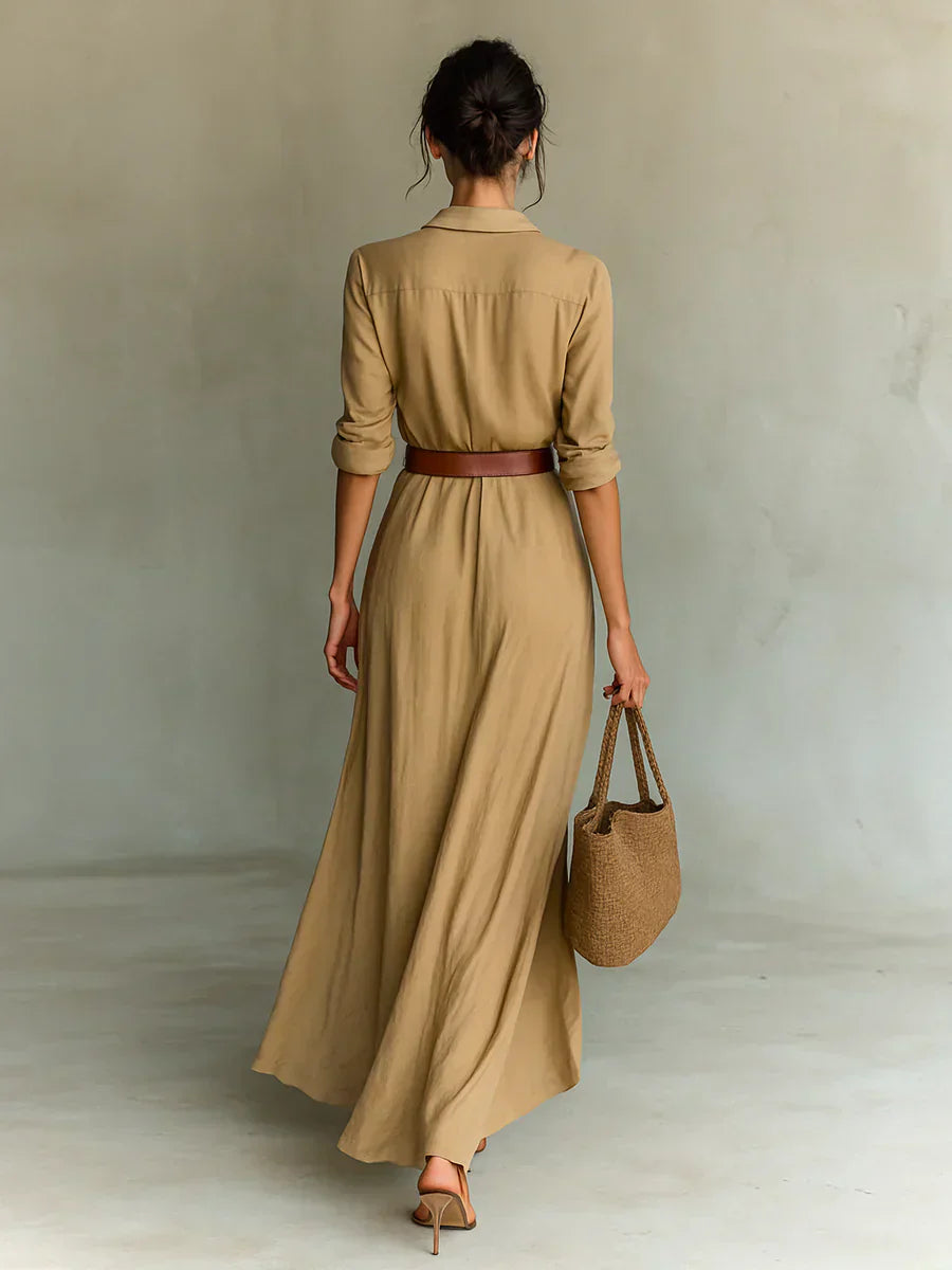 Camille™ | Maxi dress with lapels and a waist belt