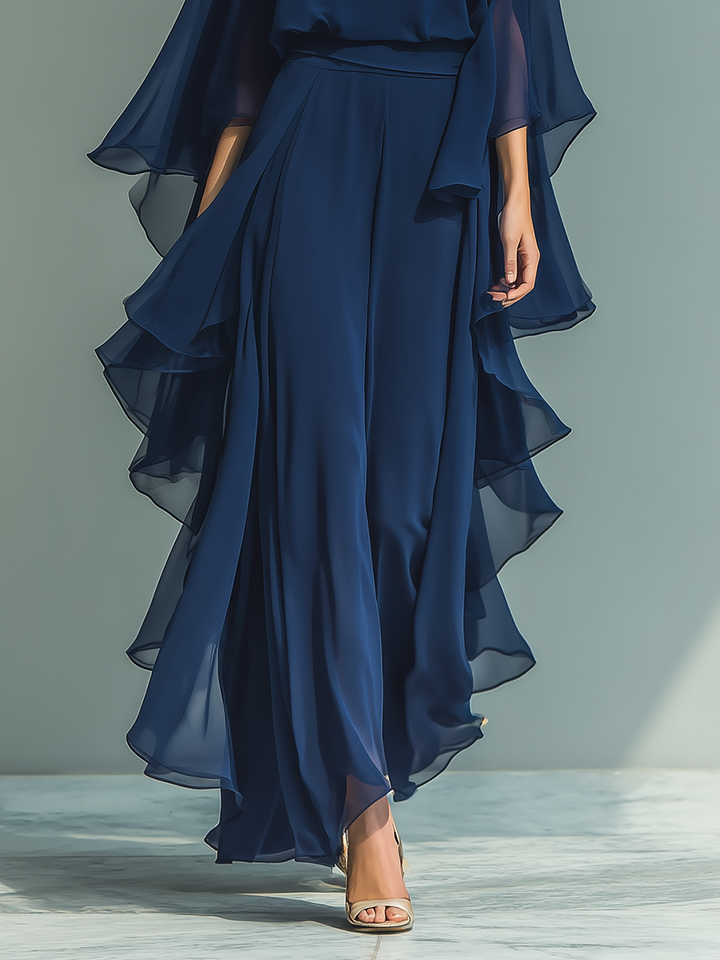 Clara | Navy Blue Chiffon Set with Ruffled Pants