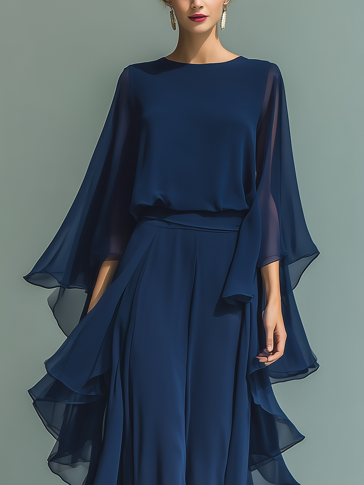 Clara | Navy Blue Chiffon Set with Ruffled Pants