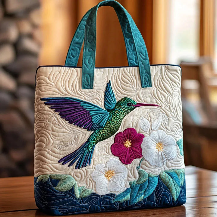Quilted Tote - Hummingbird and White Flower
