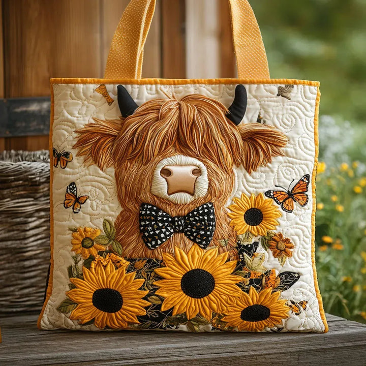 Quilted Tote - Highland Cow with Sunflowers