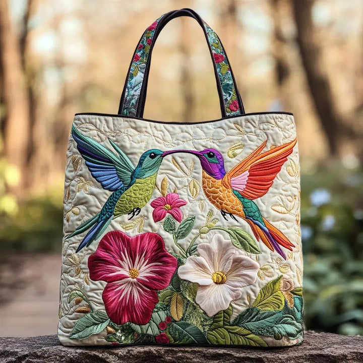 Quilted Tote - Hummingbird and White Flowers