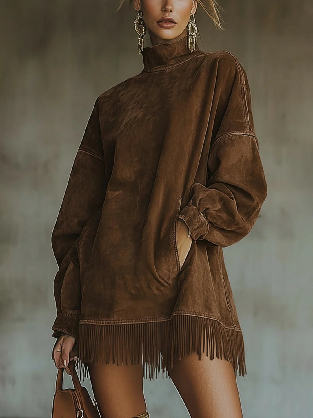 Amalia | Dress with High Collar and Fringes