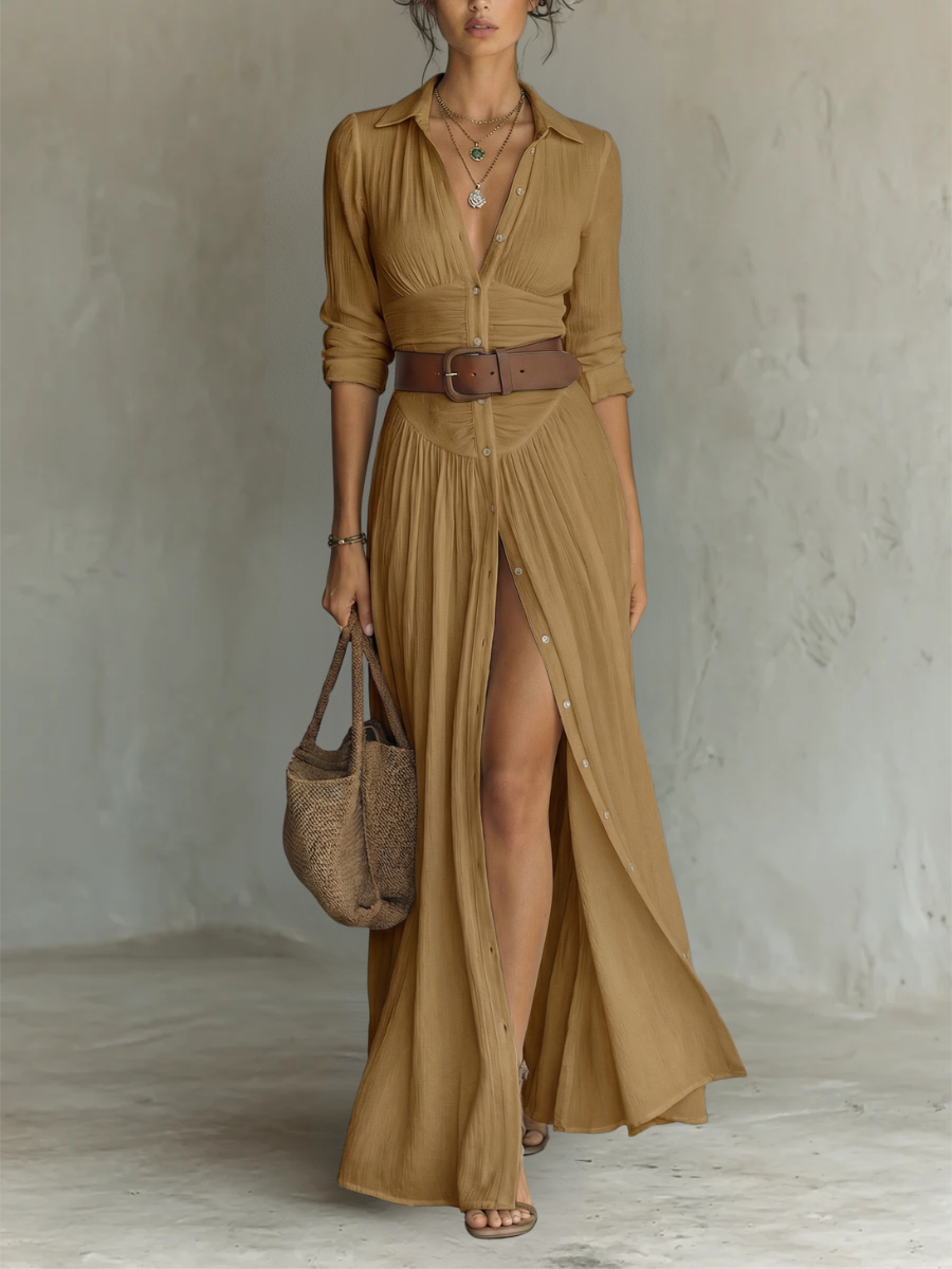 Helenia | Long Maxi Dress with Cut-Out Collar and Long Sleeves for Women