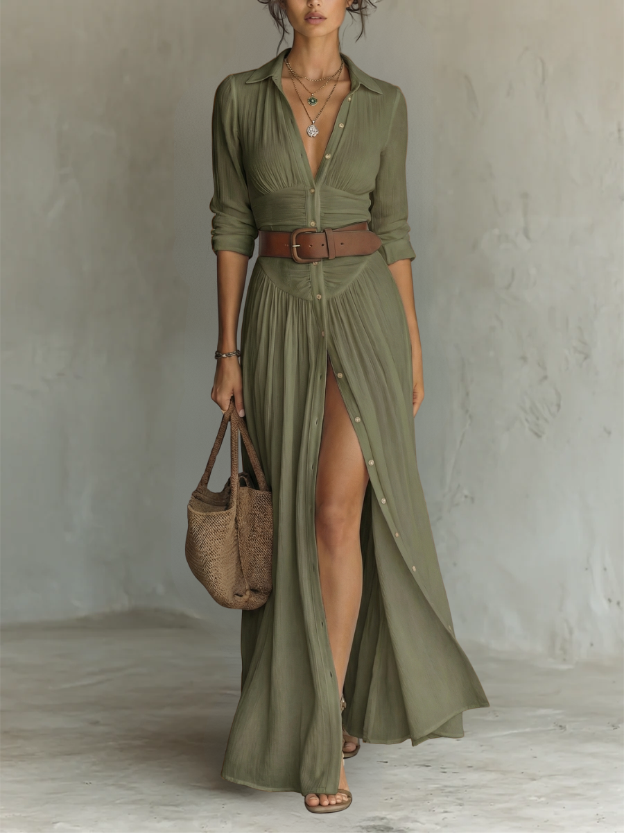 Helenia | Long Maxi Dress with Cut-Out Collar and Long Sleeves for Women