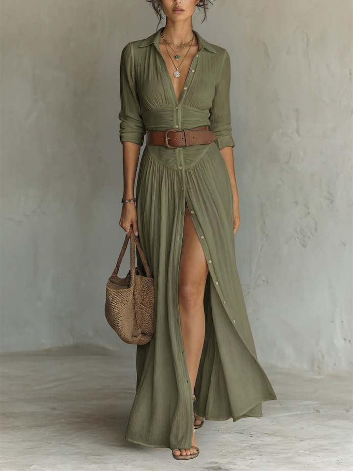Helenia | Long Maxi Dress with Cut-Out Collar and Long Sleeves for Women