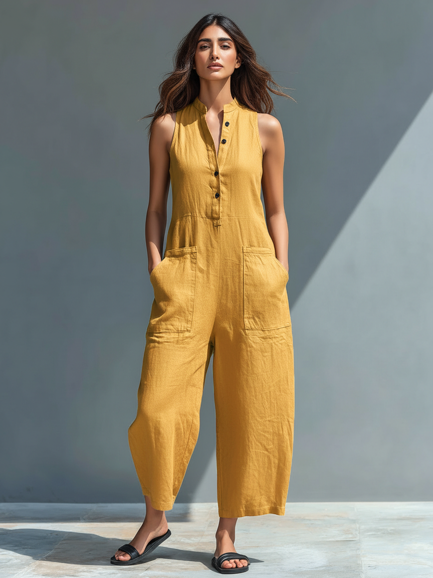 Julia | Sleeveless Linen Overall with Button Placket