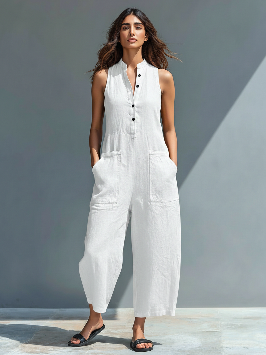 Julia | Sleeveless Linen Overall with Button Placket