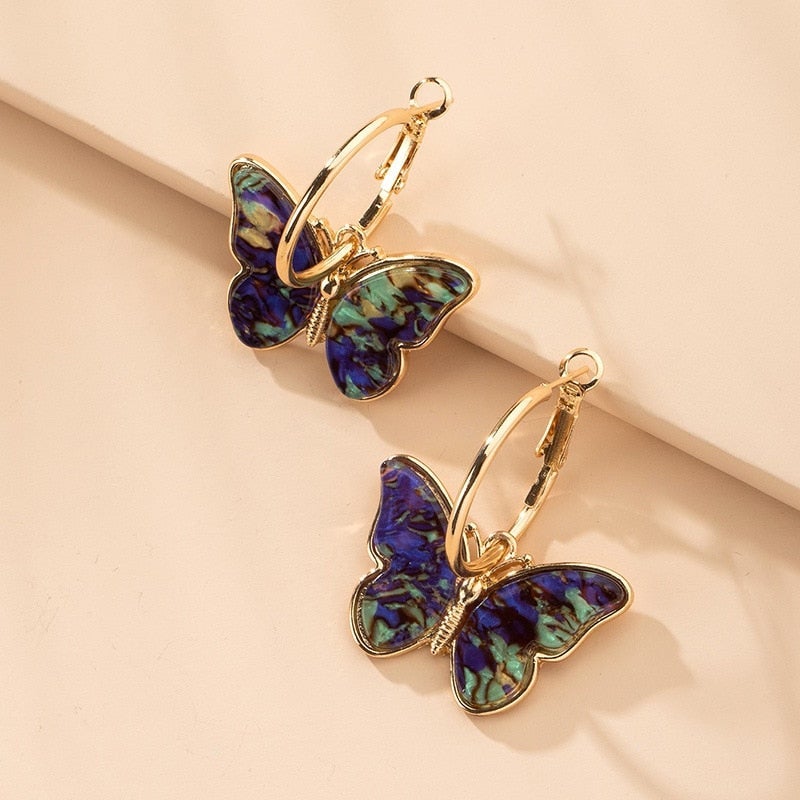 Gold Hoop Earrings with Multicoloured Butterflies