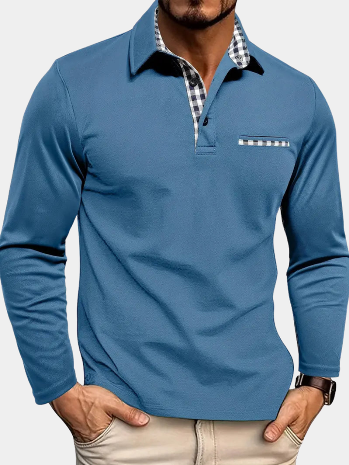 Men’s Check-Trim Long-Sleeve Polo Shirt