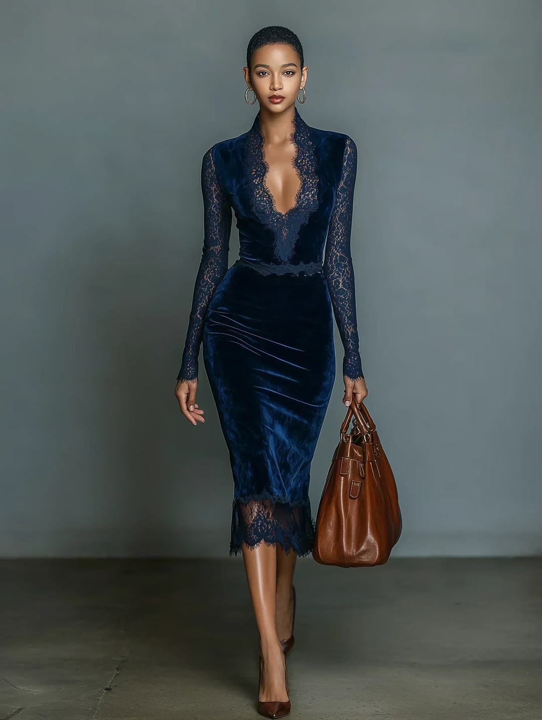 Ellie | Elegant & Fashionable Dark Blue Midi Dress for Women with V-Neck and Lace Detail with Sleeves