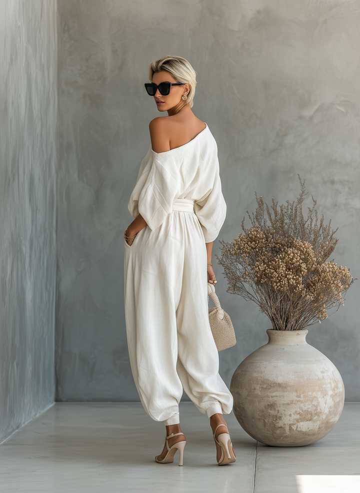 Ella | White Linen Off-Shoulder Set Pants
