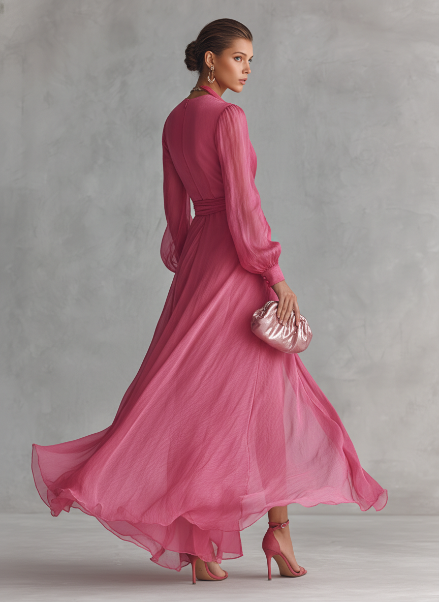 Mia | Pink Chiffon Maxi Dress V-Neck