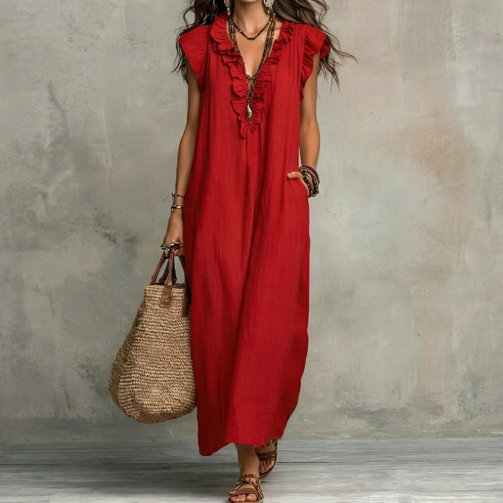 Josefina™ | Long linen-textured dress with a V-neck and ruffles