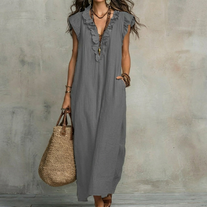 Josefina™ | Long linen-textured dress with a V-neck and ruffles
