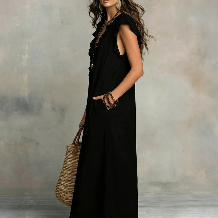 Josefina™ | Long linen-textured dress with a V-neck and ruffles