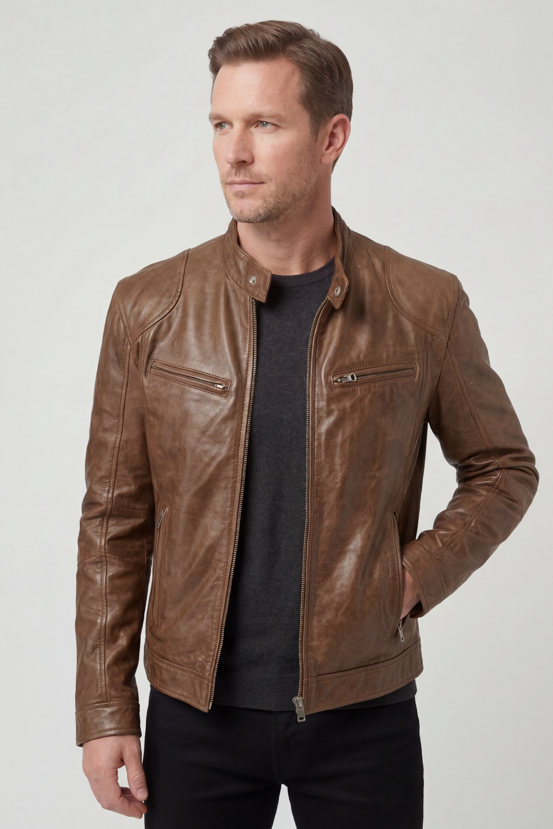 Men’s Multi-Zip Leather-Look Biker Jacket