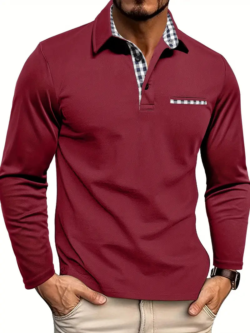 Men’s Check-Trim Long-Sleeve Polo Shirt