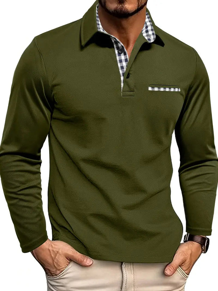 Men’s Check-Trim Long-Sleeve Polo Shirt