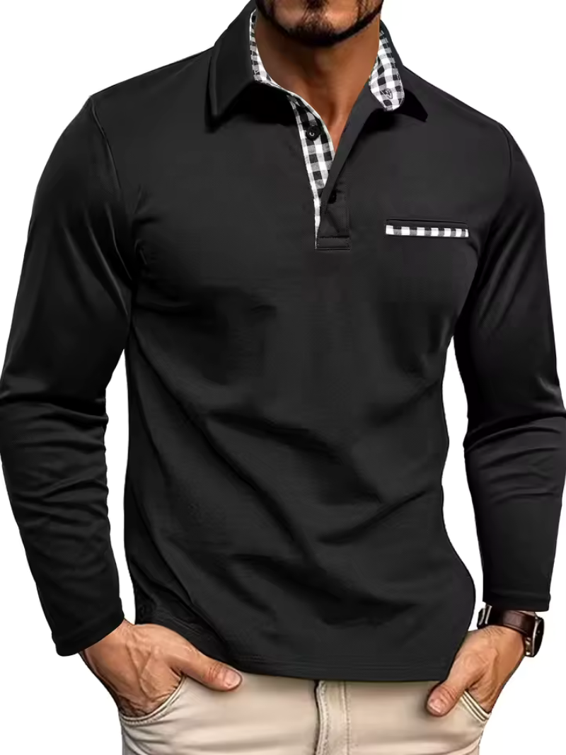 Men’s Check-Trim Long-Sleeve Polo Shirt