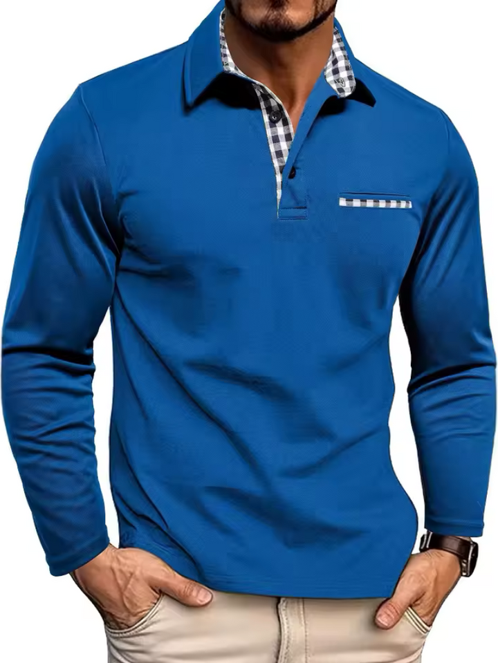 Men’s Check-Trim Long-Sleeve Polo Shirt