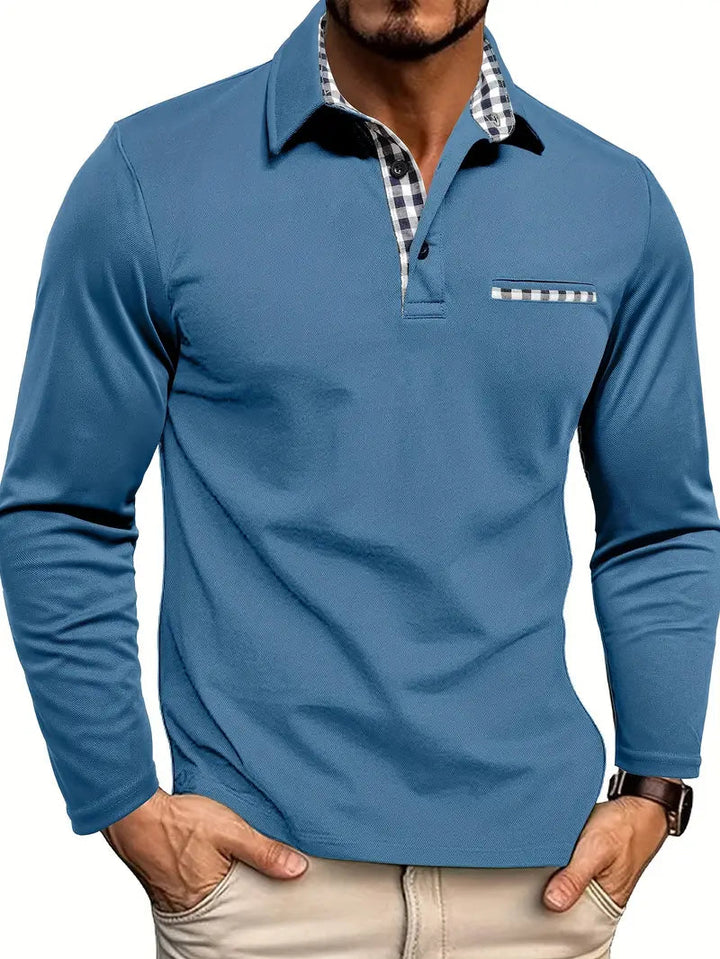 Men’s Check-Trim Long-Sleeve Polo Shirt