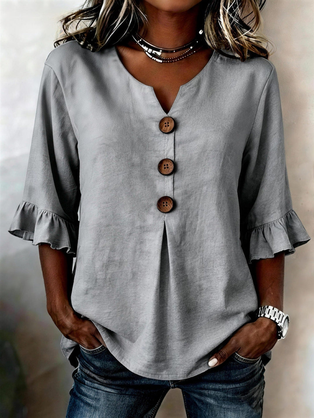 Women’s Button-Front Ruffle-Sleeve Blouse