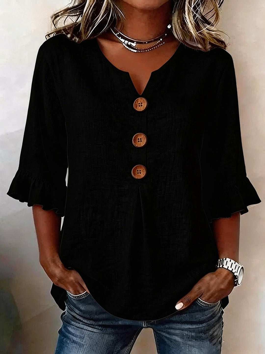 Women’s Button-Front Ruffle-Sleeve Blouse