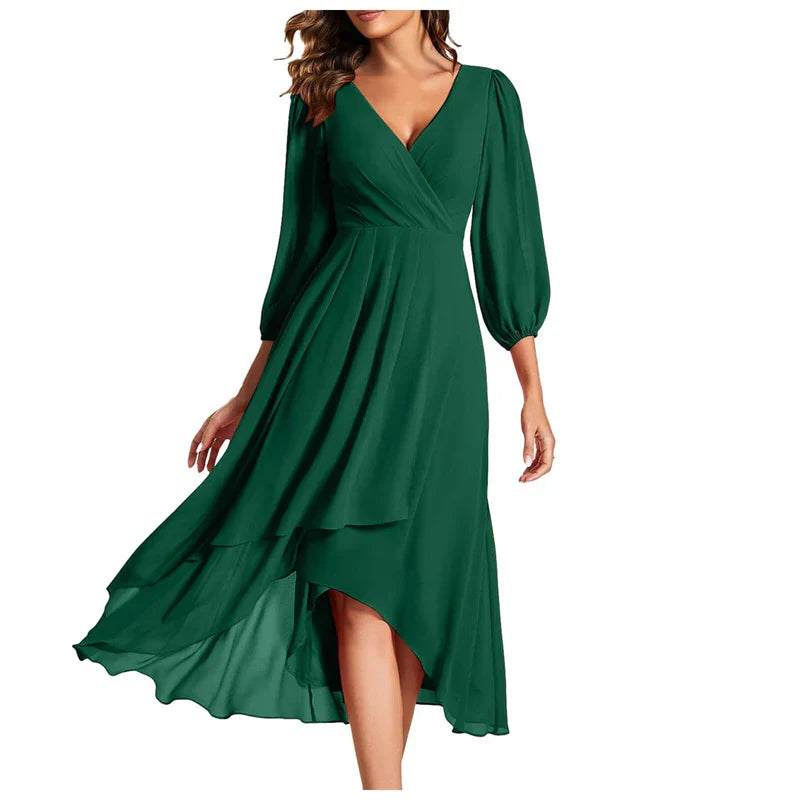 VITTORIA | Elegant dress with asymmetric hem and flowing sleeves. Refined look for any occasion