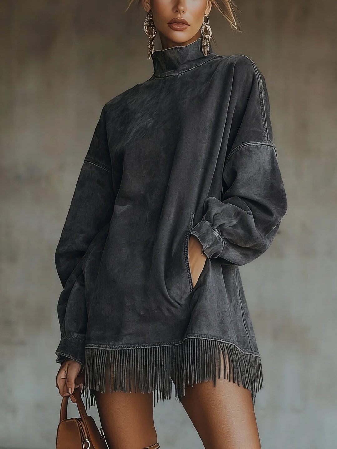 Amalia | Dress with High Collar and Fringes