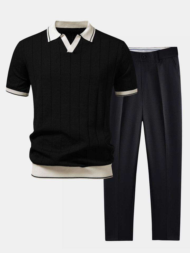 Men's Ribbed-Knit Polo & Tapered Trousers Smart Co-Ord Set