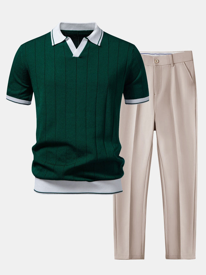 Men's Ribbed-Knit Polo & Tapered Trousers Smart Co-Ord Set