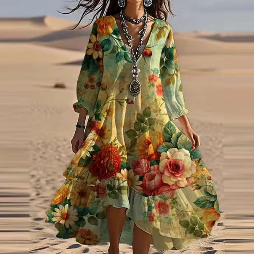 Ida™ - Vintage Boho V-Neck Dress
