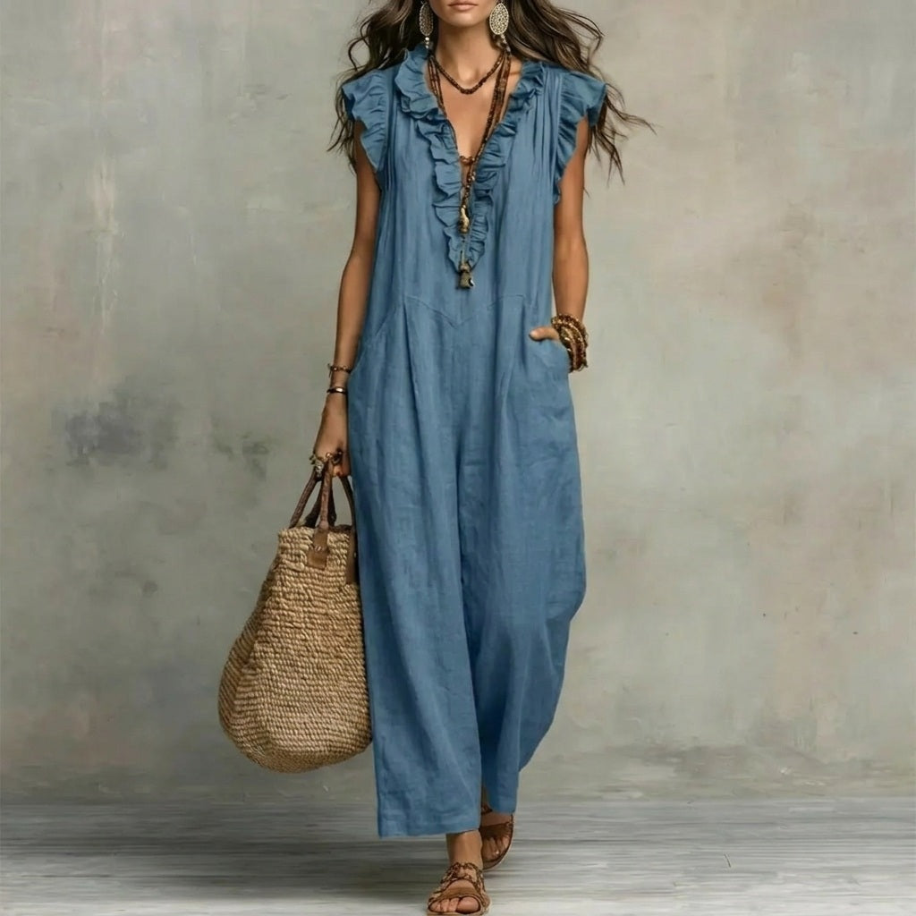 Josefina™ | Long linen-textured dress with a V-neck and ruffles