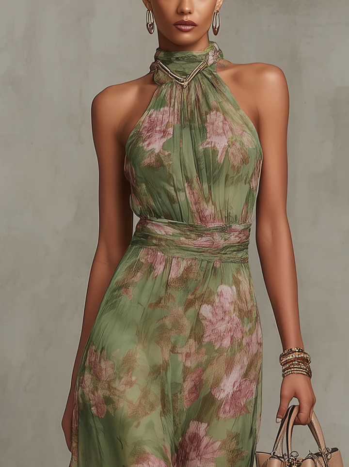 Serena | Green Floral Maxi Dress with Halterneck